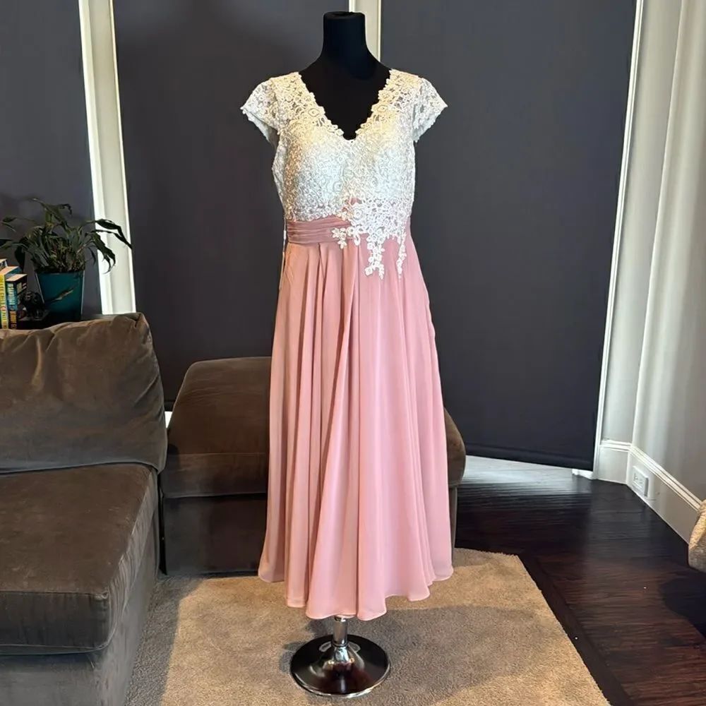 Women’s Ivory Lace Top Pink Chiffon V-Neck Cap Sleeves Formal Dress Size 12 NWT